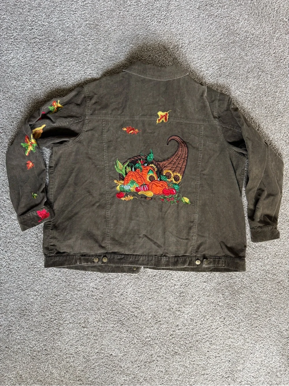Vtg Quacker Factory Brown Corduroy Embroidered Thanksgiving Cornucopia Jacket 2X